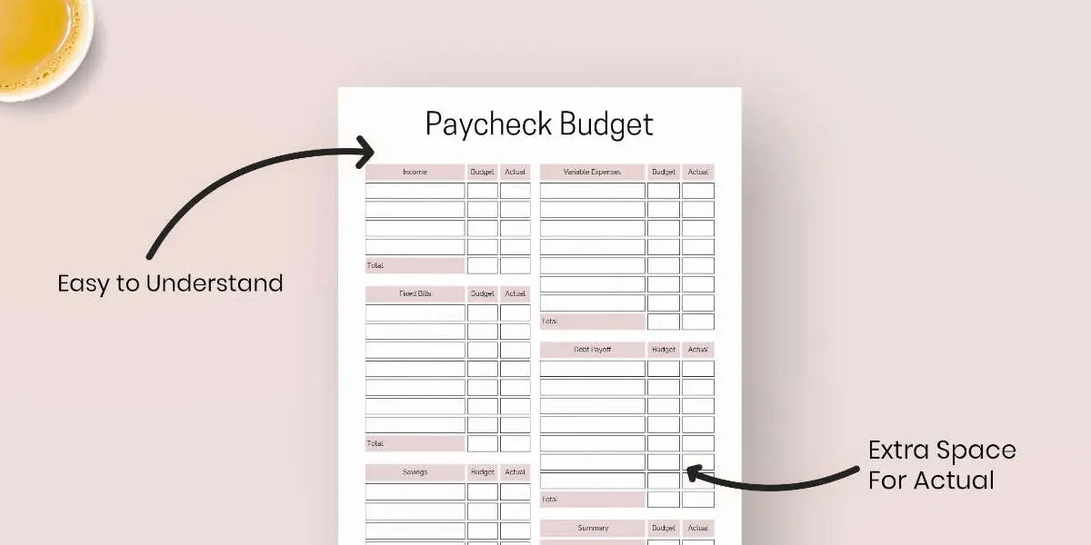 Planificador de presupuesto de sueldo imprimible con ingresos, gastos, ahorros y espacio adicional para costos reales, diseñado para una planificación financiera sencilla