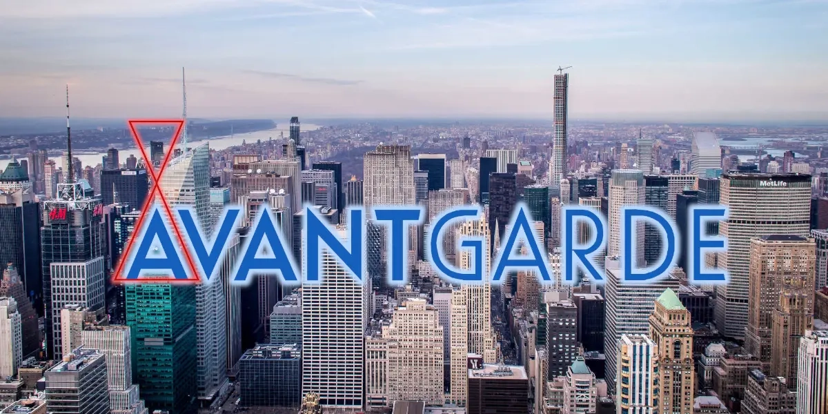 Horizonte urbano con rascacielos y la palabra AVANTGARDE en letras azules brillantes